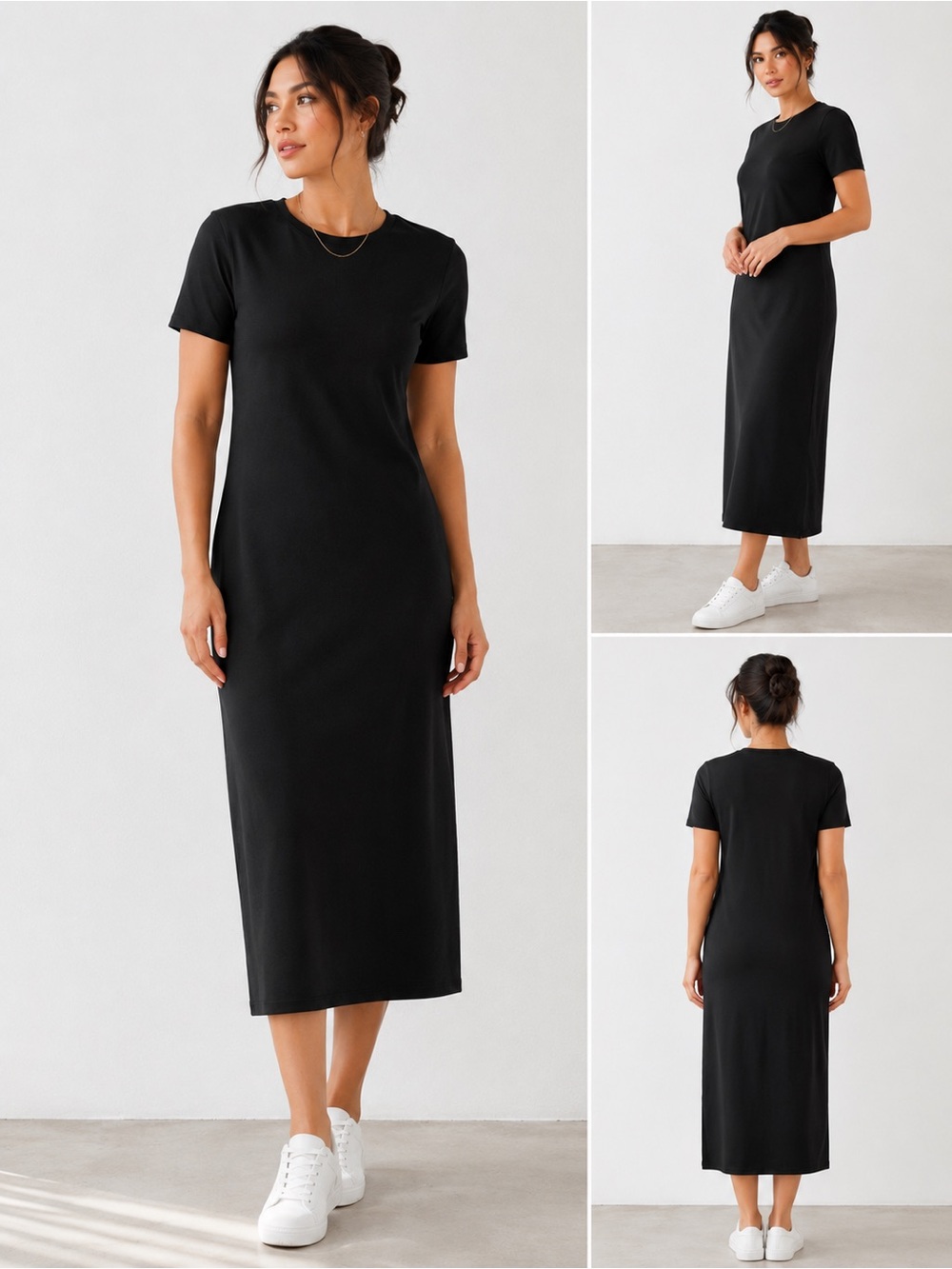 Nina‎ Leonard acrylic and wool blend Black Short-Sleeve Tee Midi Dress XS